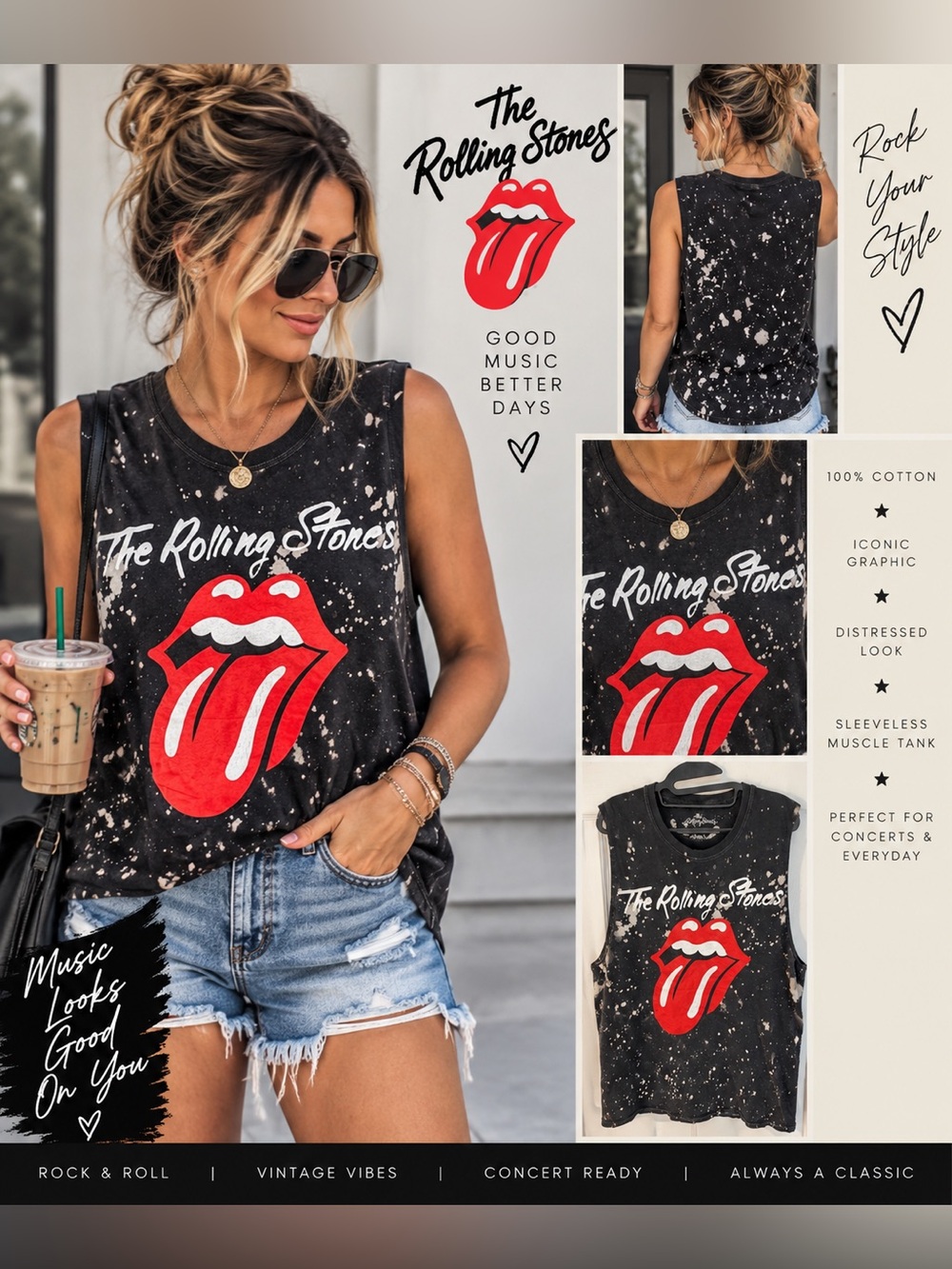 The Rolling Stones Bleach Splatter Muscle Tank Black L Band Tee